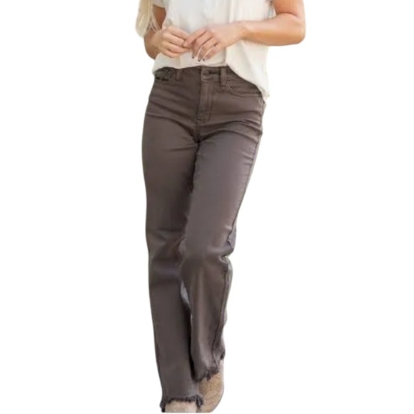 Judy Blue Brown Straight Fit Raw Hem Jeans - Picture 1 of 6